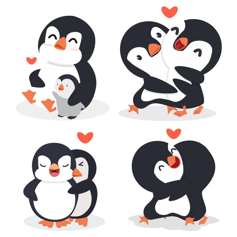 le coppie del pinguino del fumetto abbracciano con il cuore vettore