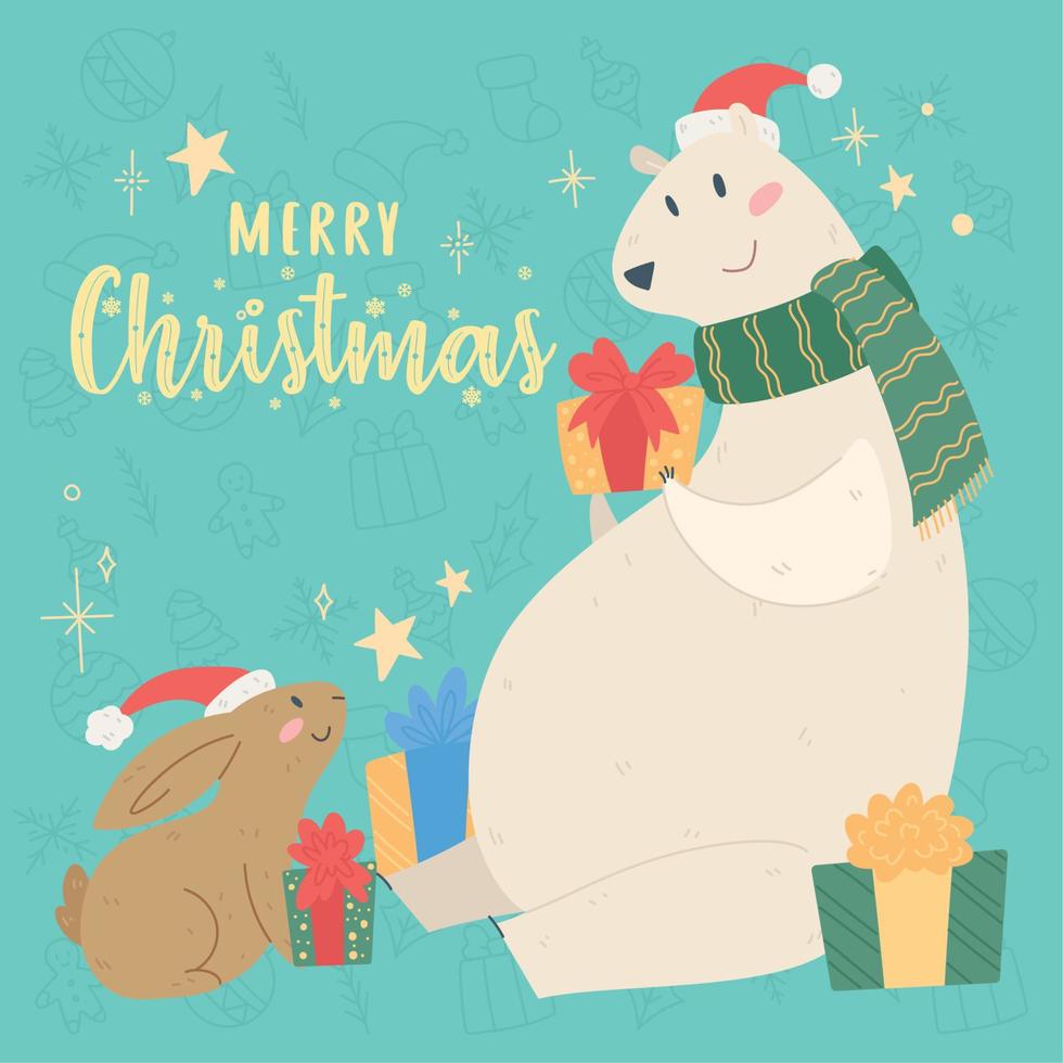 polare orso e coniglio cartone animato kawaii allegro Natale gretting carta vettore