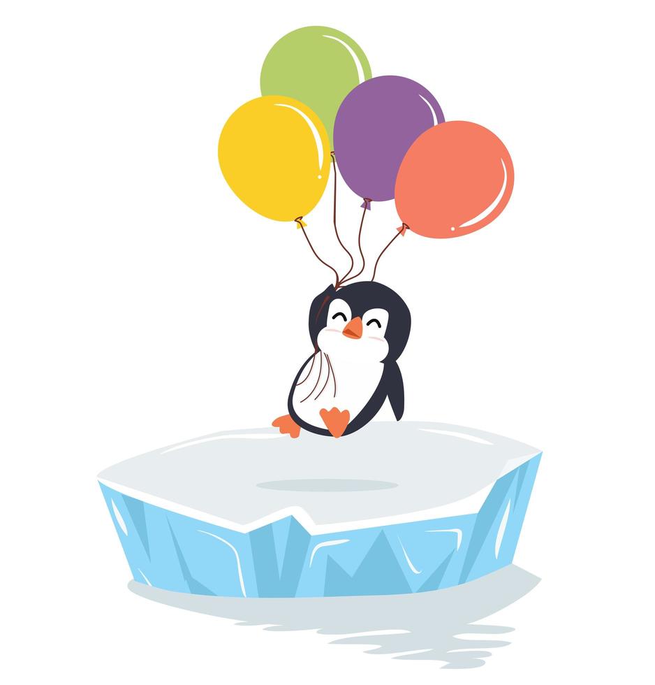 pinguino felice che tiene palloncini su un lastrone di ghiaccio vettore