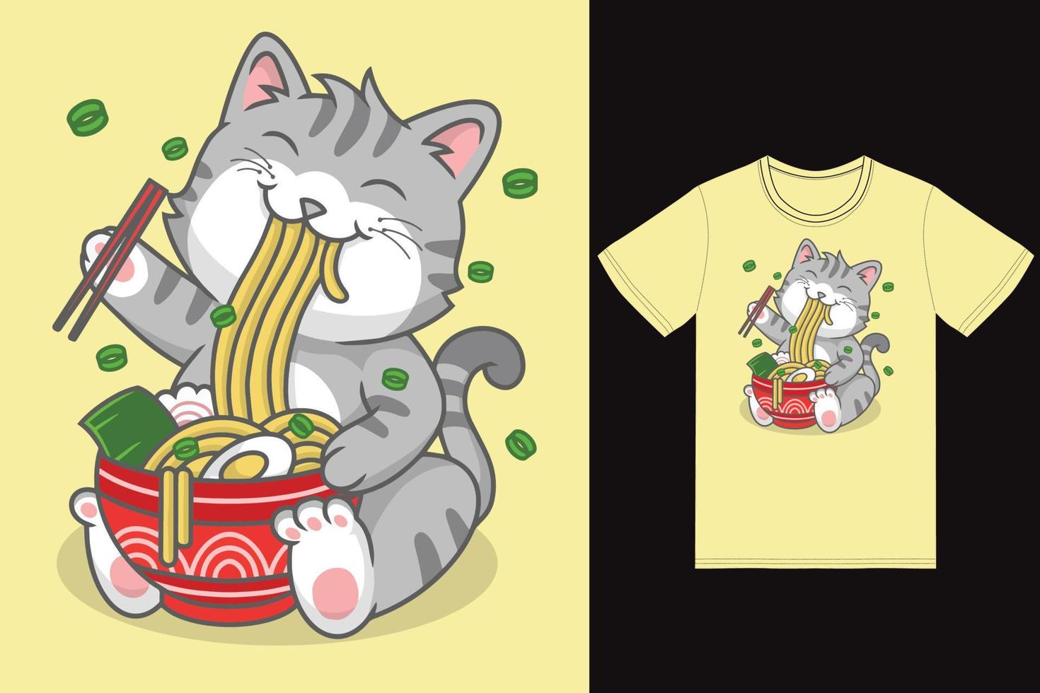 carino gatto mangiare ramen illustrazione con maglietta design premio vettore