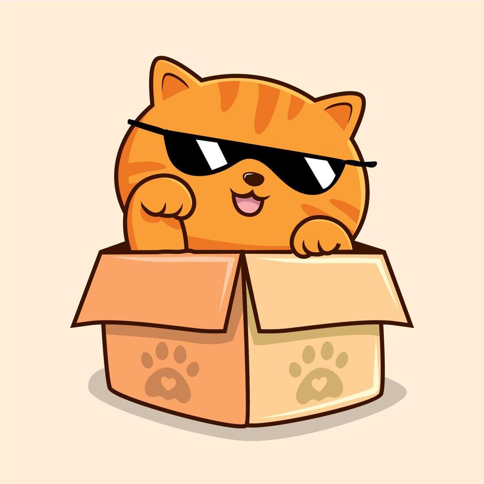 a strisce arancia gatto nel scatola cartone animato agitando mano - carino arancia soriano figa gatto con bicchieri freddo vettore