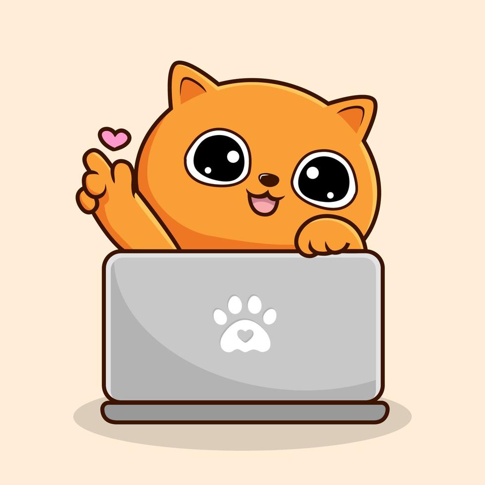 arancia gatto kawaii giocando il computer portatile cartone animato - arancia figa gatto amore mano vettore