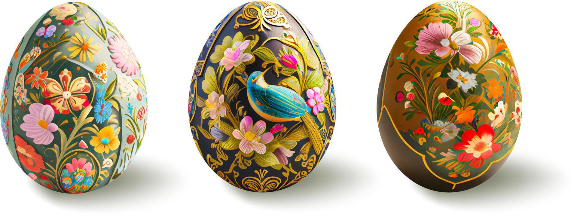 impostato di realistico Pasqua uova con floreale trafori su un' bianca sfondo.il principale simboli di il primavera vacanza. vettore illustrazione.