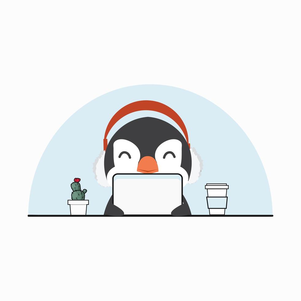 pinguino oh il computer con tazza di caffè e cactus vettore