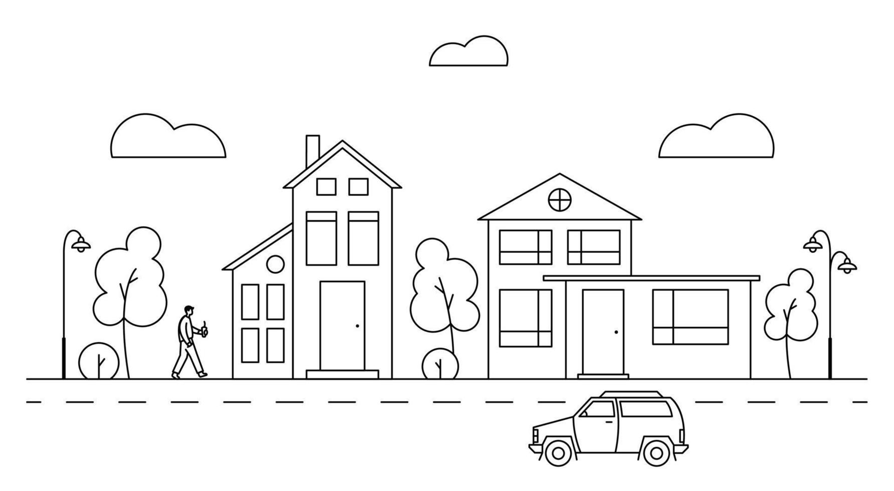 linea arte illustrazione con suburbano paesaggio urbano e diverso edifici. vettore