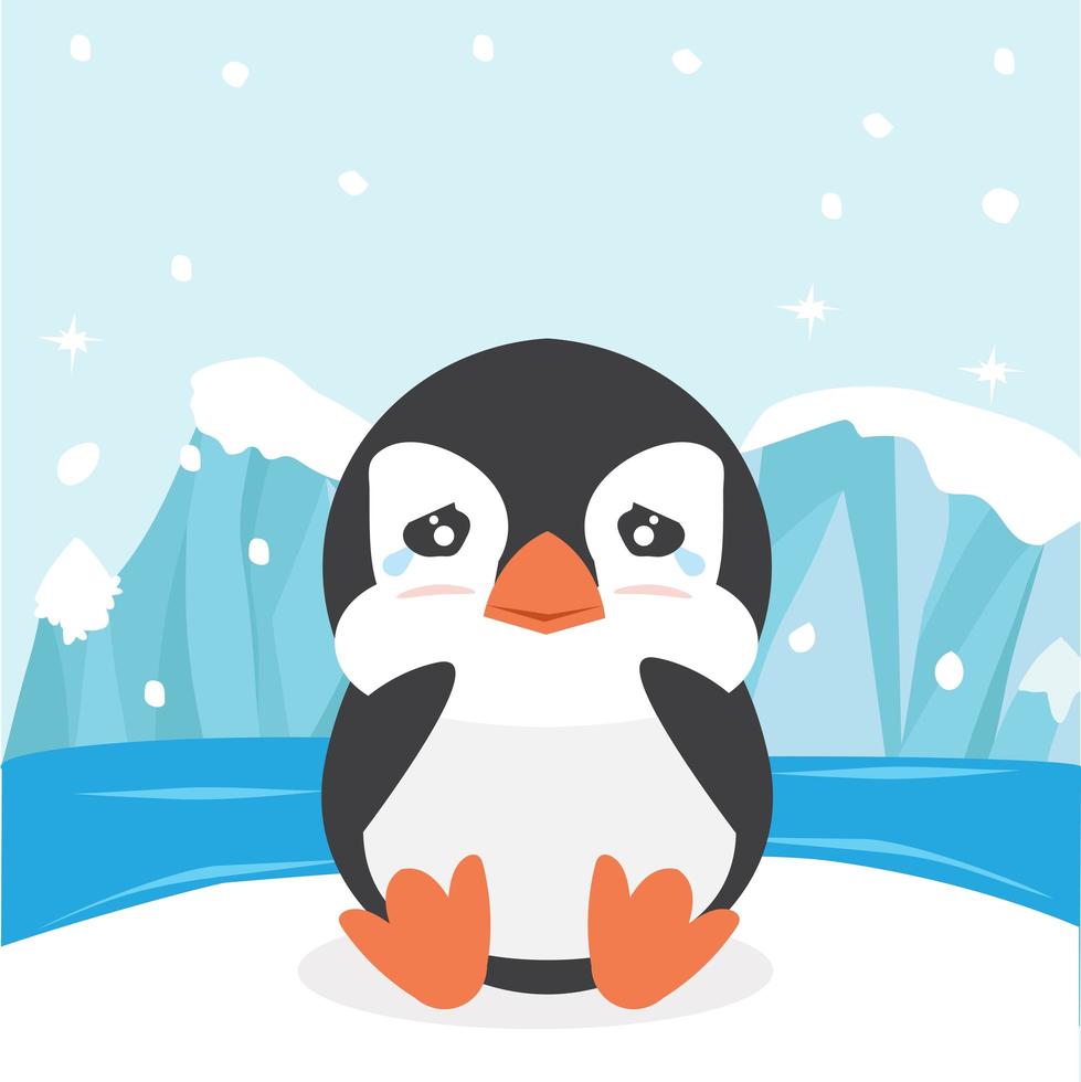 simpatico pinguino che piange su un lastrone di ghiaccio vettore