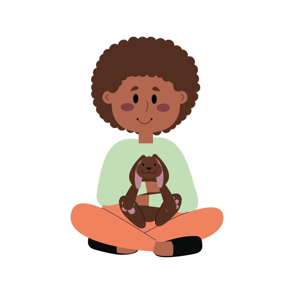 vettore afroamericano bambino isolato su bianca sfondo. ragazzo con giocattolo coniglio seduta a gambe incrociate.