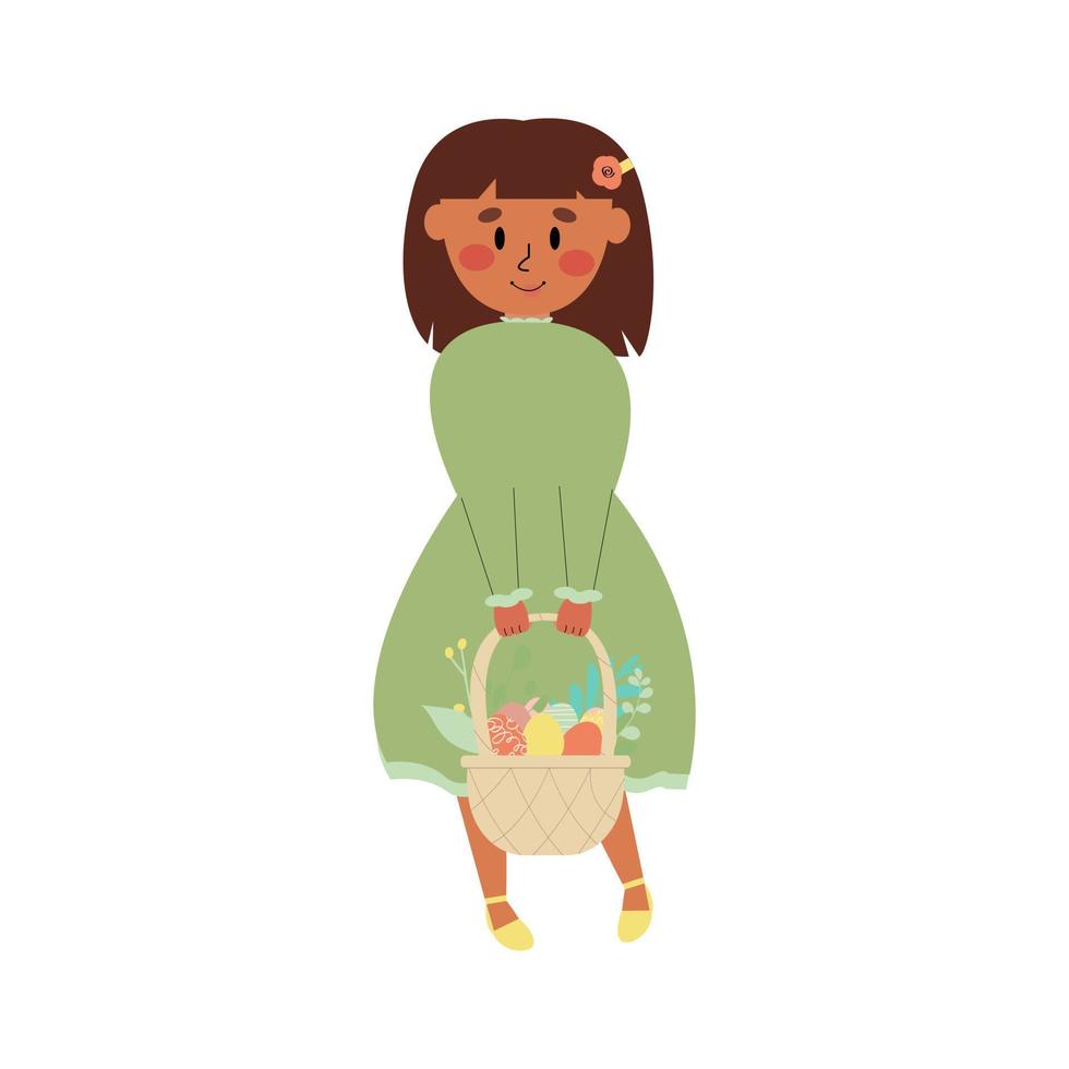 carino poco ragazza nel un' verde vestito con un' cestino di Pasqua uova isolato su un' bianca sfondo.piatto illustrazione di un' bambino a caccia per uova. vettore
