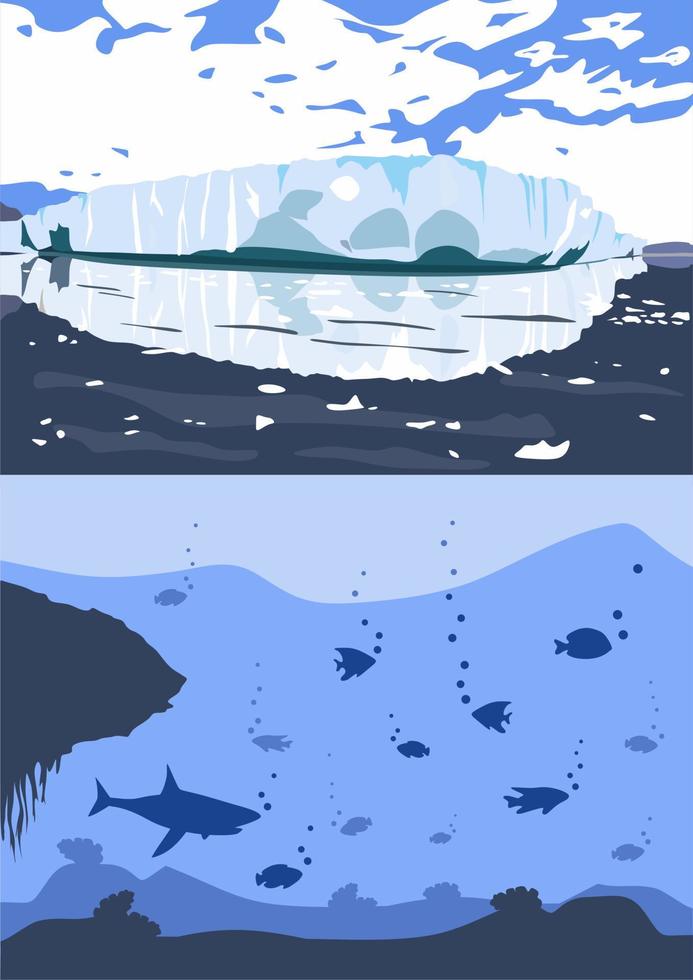 artico paesaggio con fusione iceberg e ghiacciai galleggiante nel mare o oceano. concetto di globale avvertimento e clima modificare. Groenlandia paesaggio. subacqueo vita modello. oceano parte inferiore con Pesci. vettore