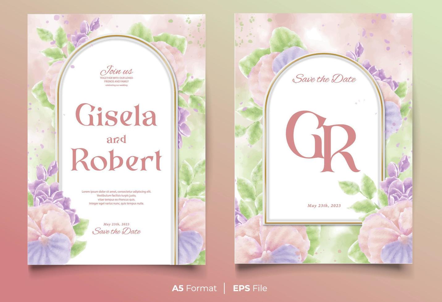 modello di invito a nozze ad acquerello con ornamento floreale rosa e viola vettore