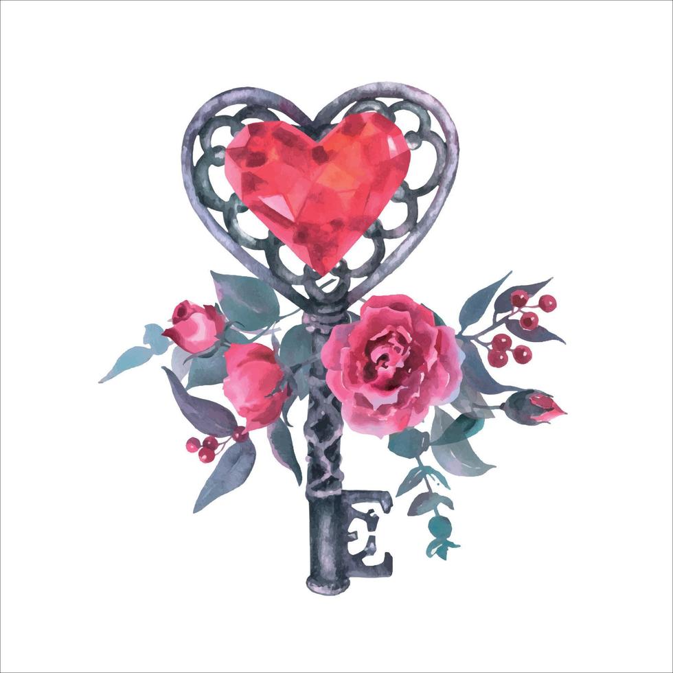 impostato acquerello illustrazione con vecchio Vintage ▾ chiave cuore sagomato, cuore diamante cristallo e Rose e altro fiori, isolato su bianca sfondo. vettore