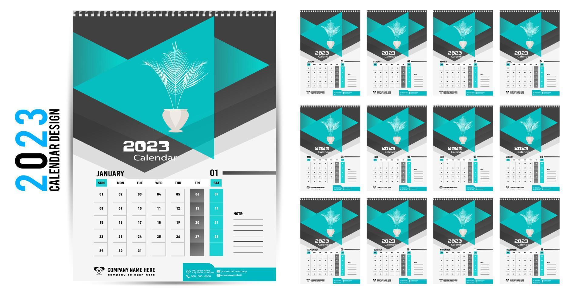 parete calendario 2023 creativo disegno, semplice mensile verticale Data disposizione per 2023 anno nel inglese. 12 mesi calendario modelli, moderno nuovo anno calendario design. aziendale o attività commerciale calendario. vettore