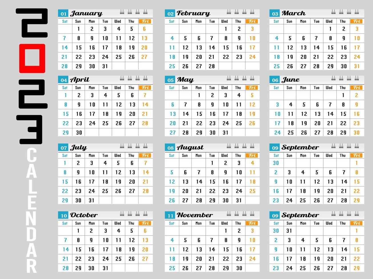 parete calendario 2023 creativo disegno, semplice mensile verticale Data disposizione per 2023 anno nel inglese. 12 mesi calendario modelli, moderno nuovo anno calendario design. aziendale o attività commerciale calendario. vettore