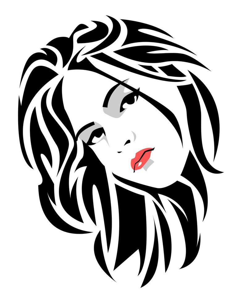 nero e bianca ritratto di un' bellissimo giovane donna con lungo capelli. lato Visualizza. astratto capelli. isolato bianca sfondo. piatto vettore illustrazione.