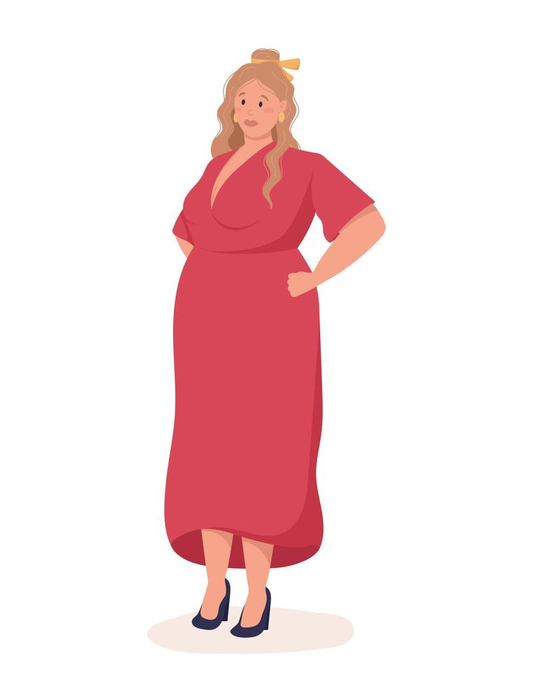 vettore illustrazione di un' in piedi giovane sovrappeso alla moda donna nel un' vestire.