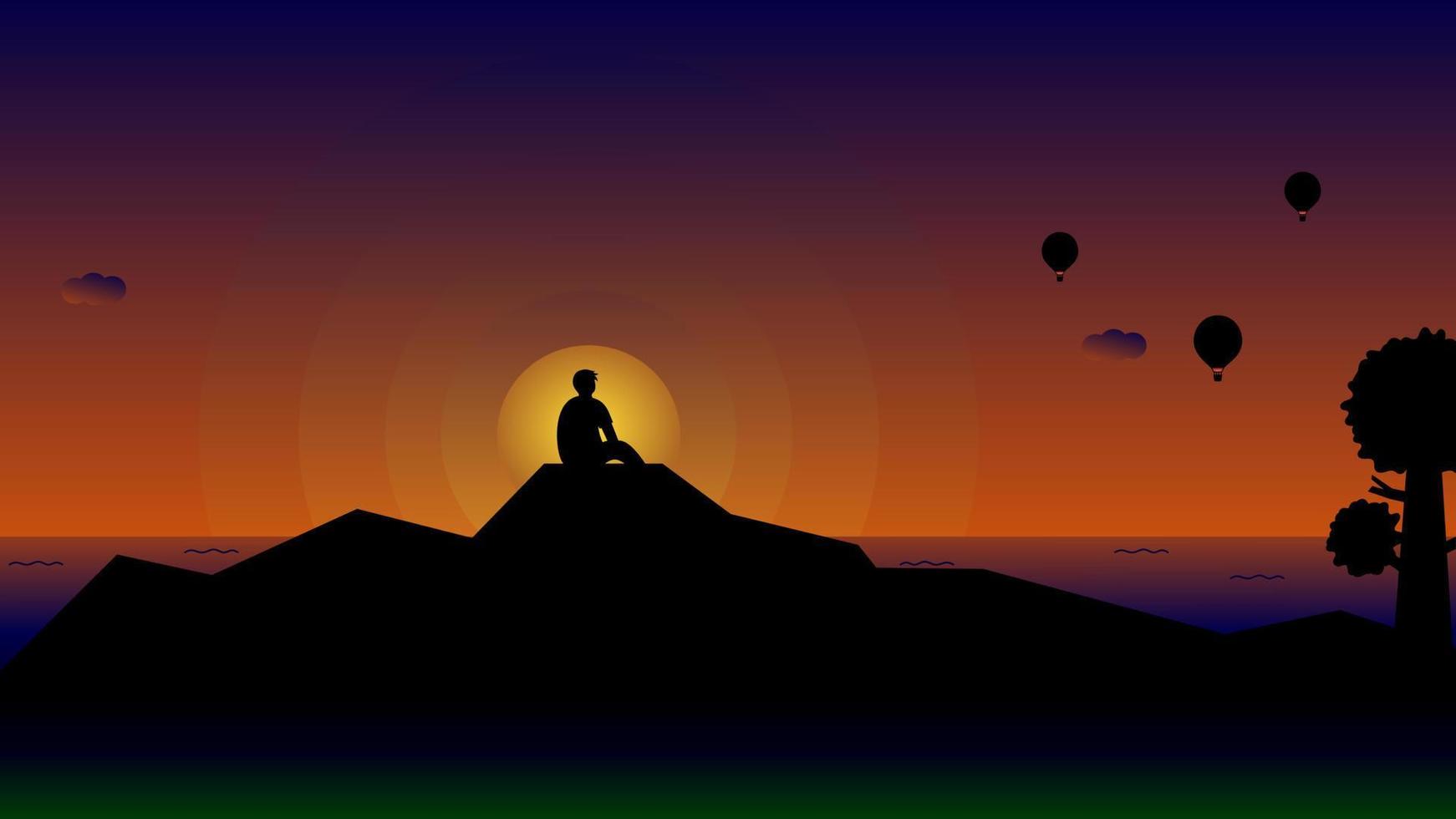 vettore illustrazione, del desktop sfondo. un' giovane uomo si siede su un' roccia di il mare Guardando caldo aria palloncini a Alba.