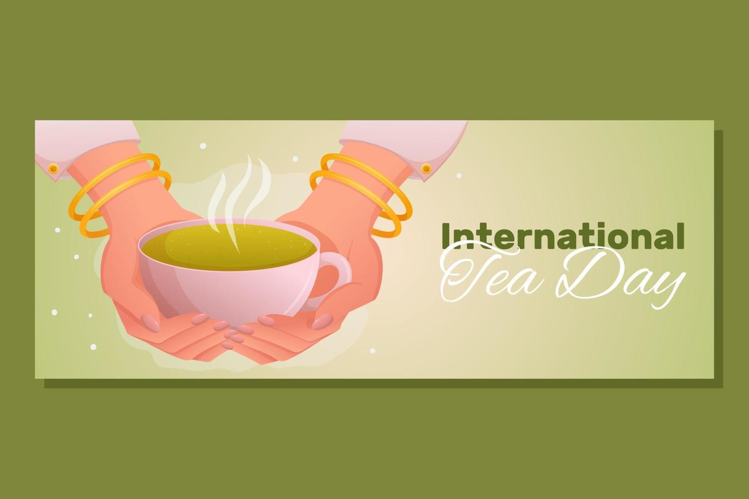internazionale tè giorno 21 Maggio o 15 dicembre. donna mano hold un' tazza con verde tè. orizzontale bandiera modello per socail media, ragnatela luogo vettore