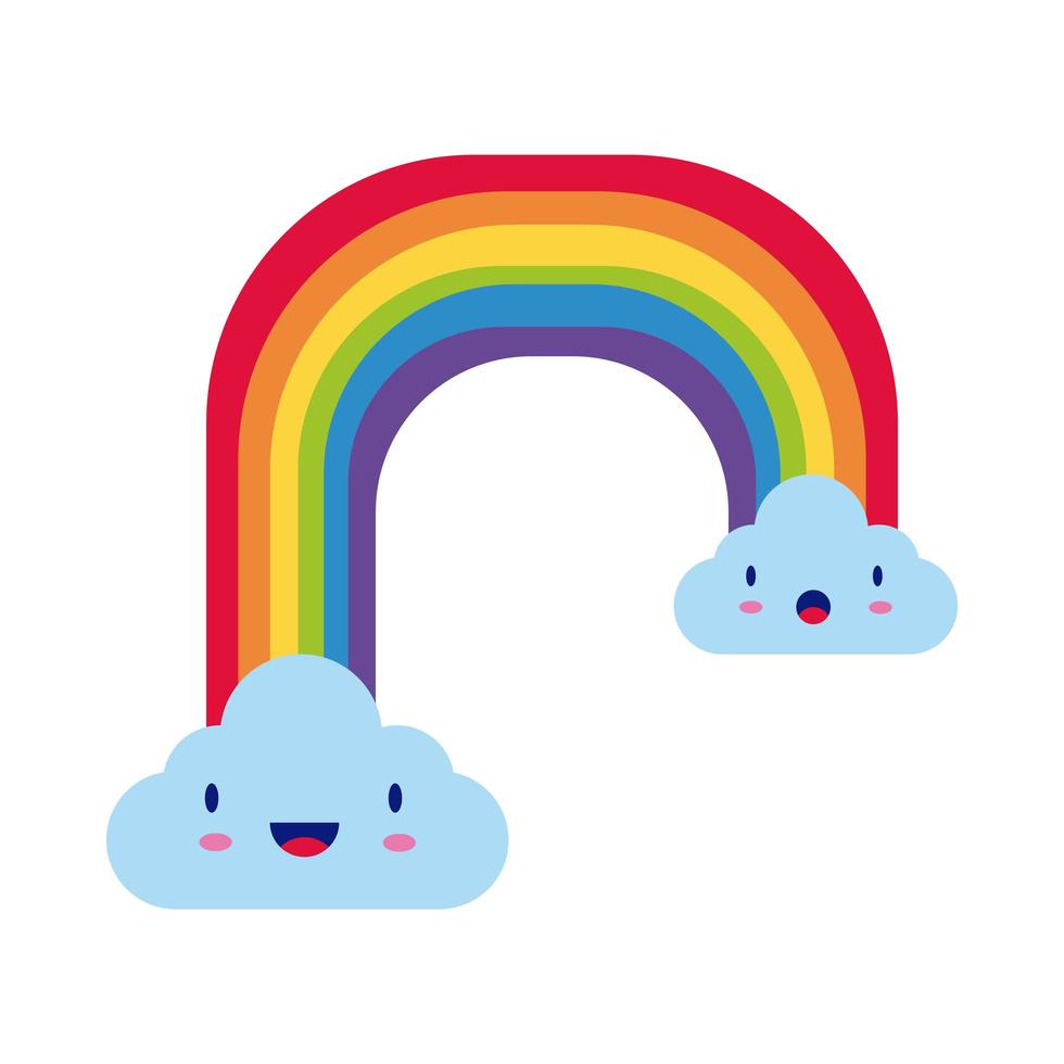 carino arcobaleno con nuvole, personaggi kawaii stile piatto vettore