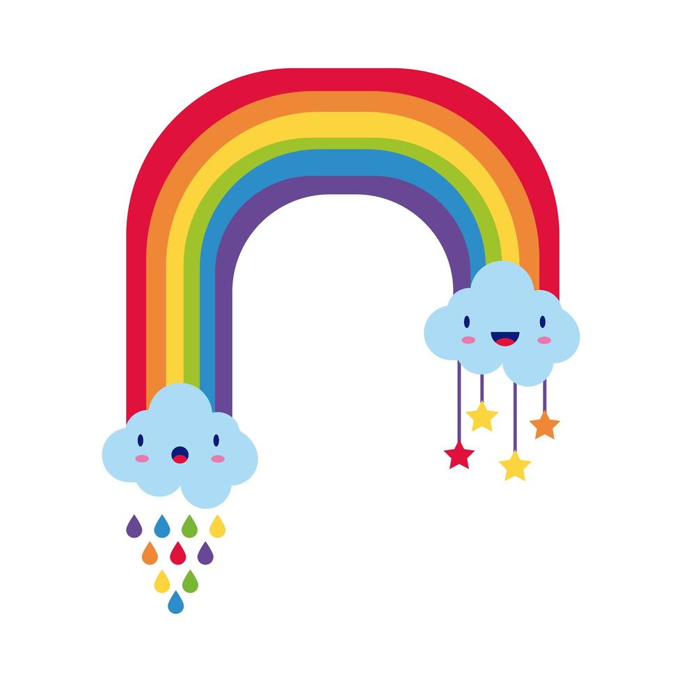 carino arcobaleno con nuvole, personaggi kawaii e icona di stile piatto gocce di pioggia vettore