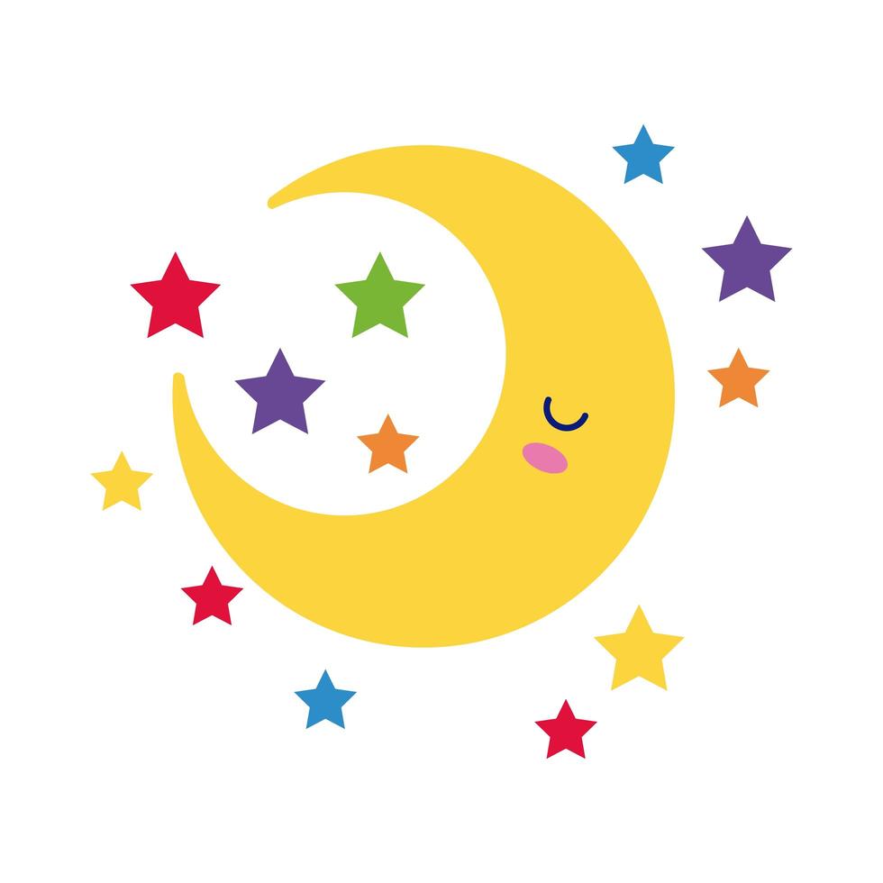 felice falce di luna con stelle, stile piatto di carattere kawaii vettore
