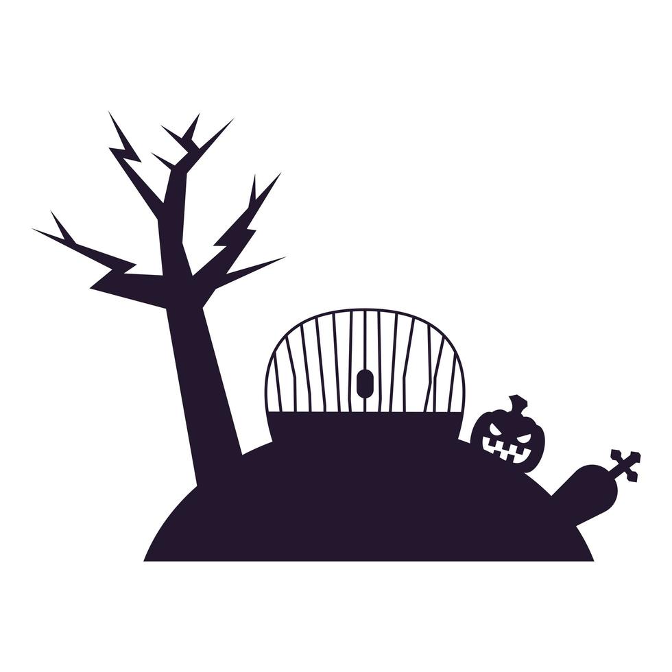 albero di Halloween con cancello e disegno vettoriale zucca