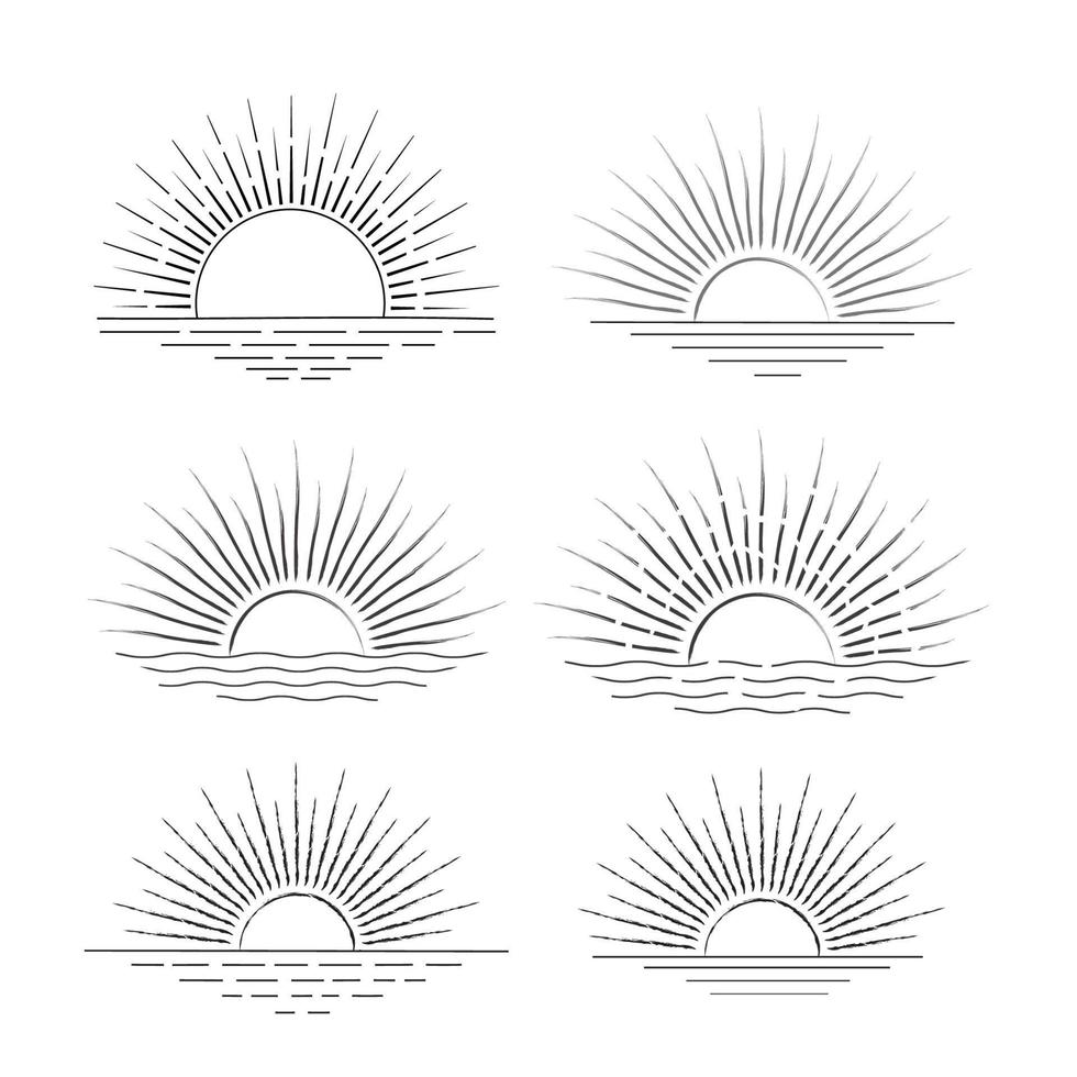 impostato di mano disegnato sole icona estate Alba tramonto luce del sole sole logo icona mare oceano sole vettore illustrazione