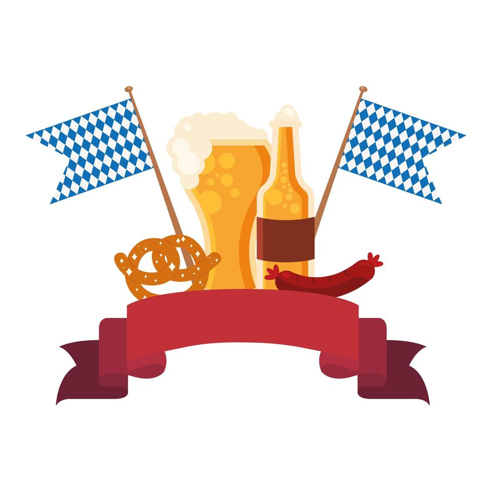 Oktoberfest bicchiere di birra, bottiglia, pretzel e disegno vettoriale di salsiccia