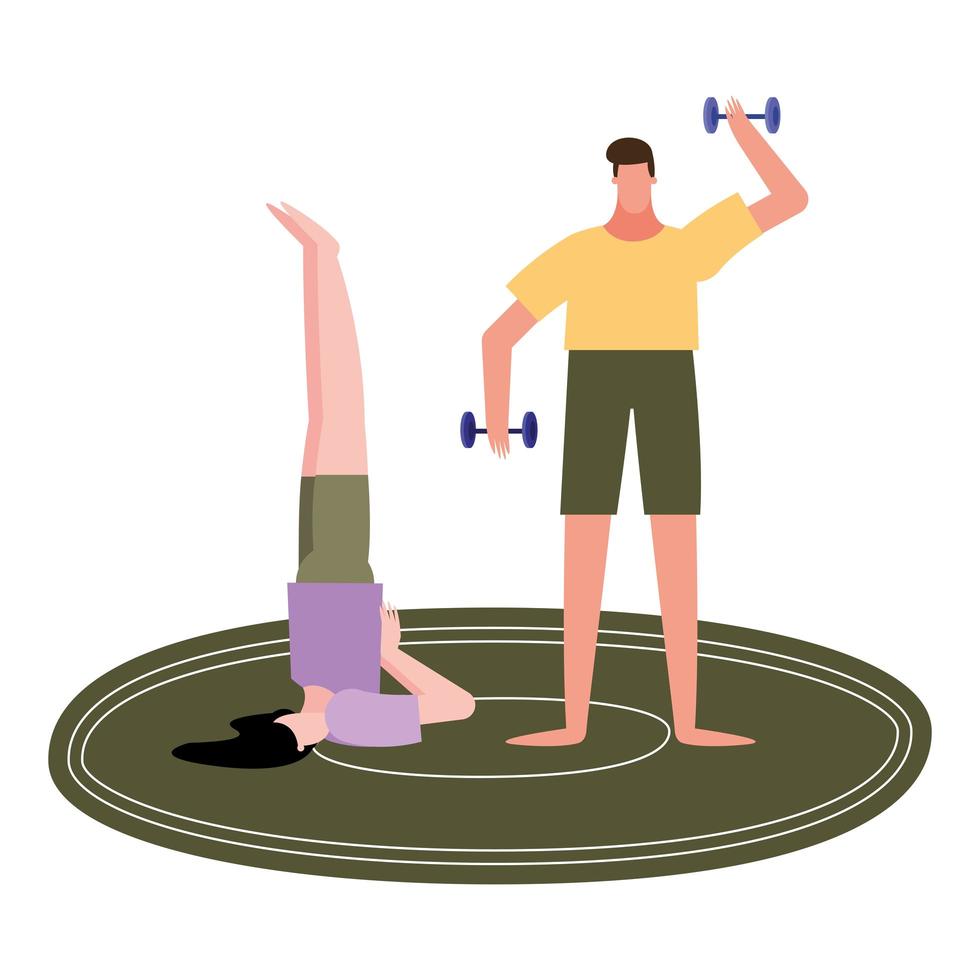 donna che fa yoga sul tappeto e uomo sollevamento pesi disegno vettoriale
