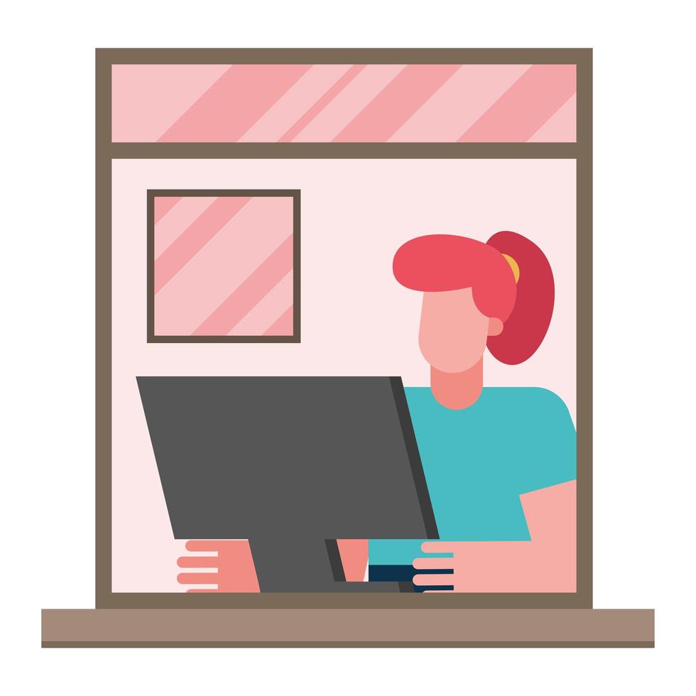 donna con il computer che lavora dal disegno vettoriale di finestra di casa