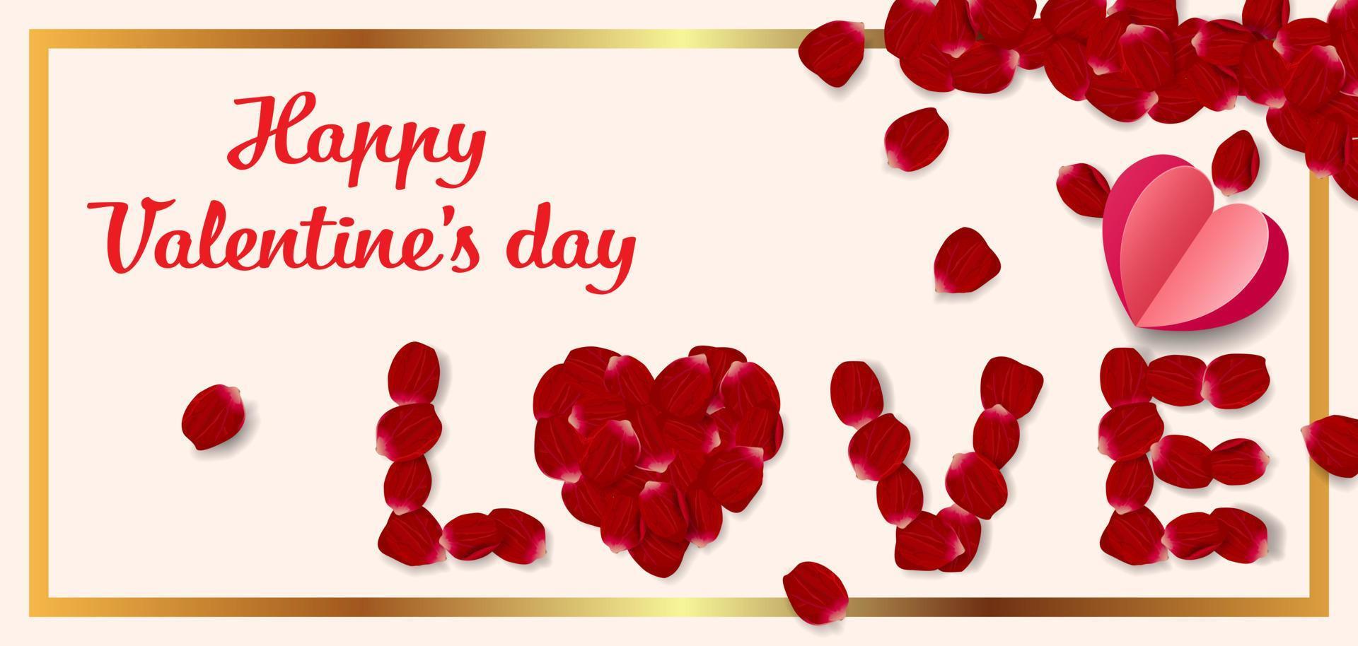 San Valentino giorno concetto sfondo. vettore illustrazione. carta cuore e rosa petali modulo il parola, amore. carino amore vendita bandiera o saluto carta.
