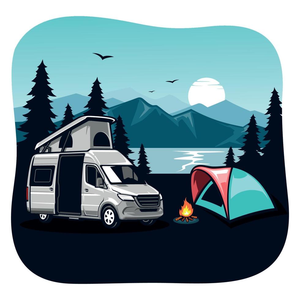 rv campeggio e camper furgone concetto arte. piatto stile illustrazione di bellissimo paesaggio, lago, montagne, foresta, tenda, e un' fuoco di bivacco vettore