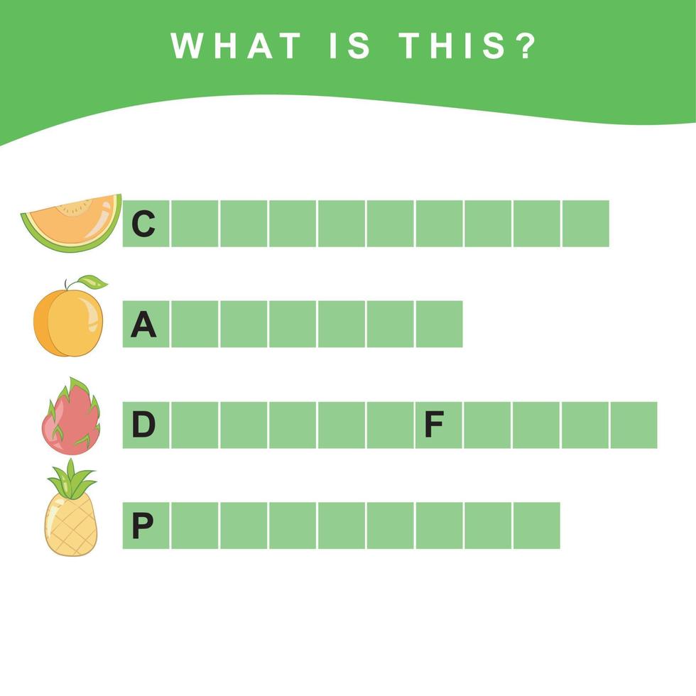 che cosa è frutta nomi foglio di lavoro. tropicale frutta foglio di lavoro. educativo attività per prescolastico bambini. prescolastico formazione scolastica. scrittura attività per bambini. vettore illustrazione.