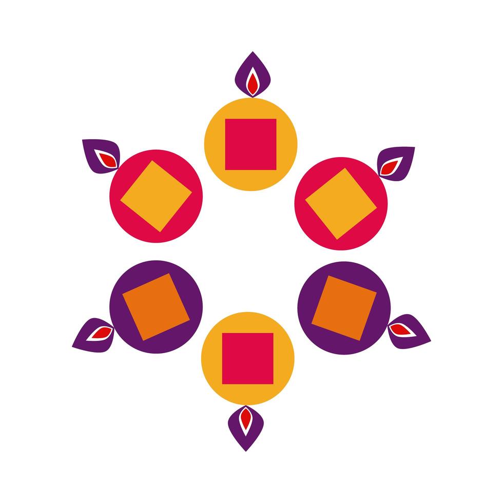 candele diwali in calderoni intorno all'icona di stile piatto vettore