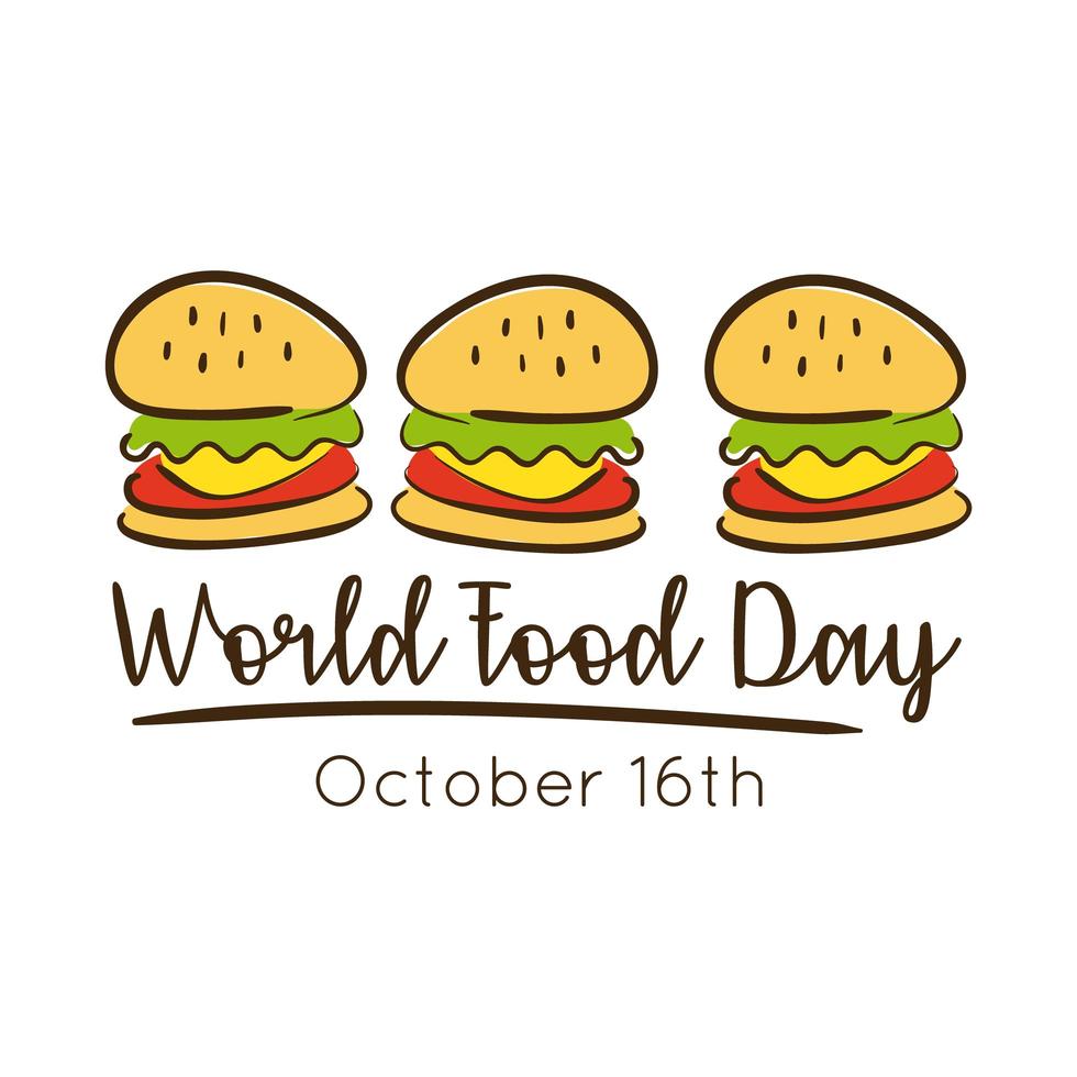 lettering celebrazione della giornata mondiale dell'alimentazione con stile piatto di hamburger vettore