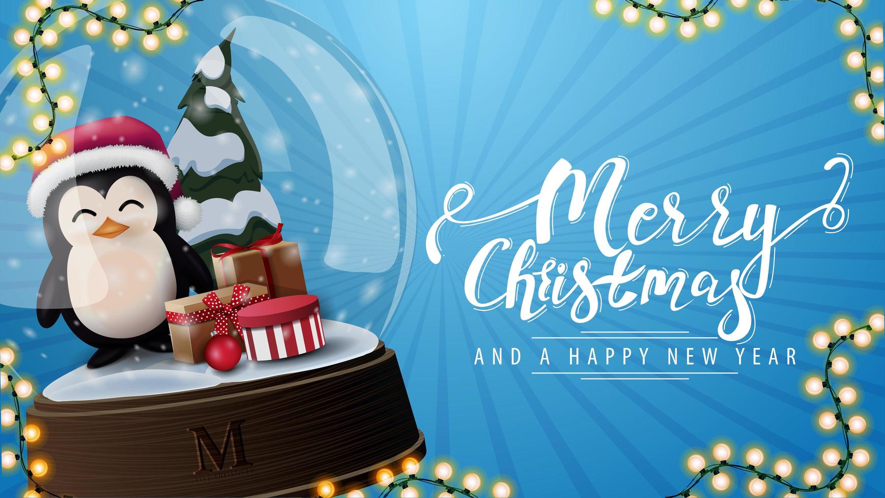 buon natale e felice anno nuovo, cartolina blu con grande globo di neve con pinguino in cappello di Babbo Natale con regali all'interno vettore