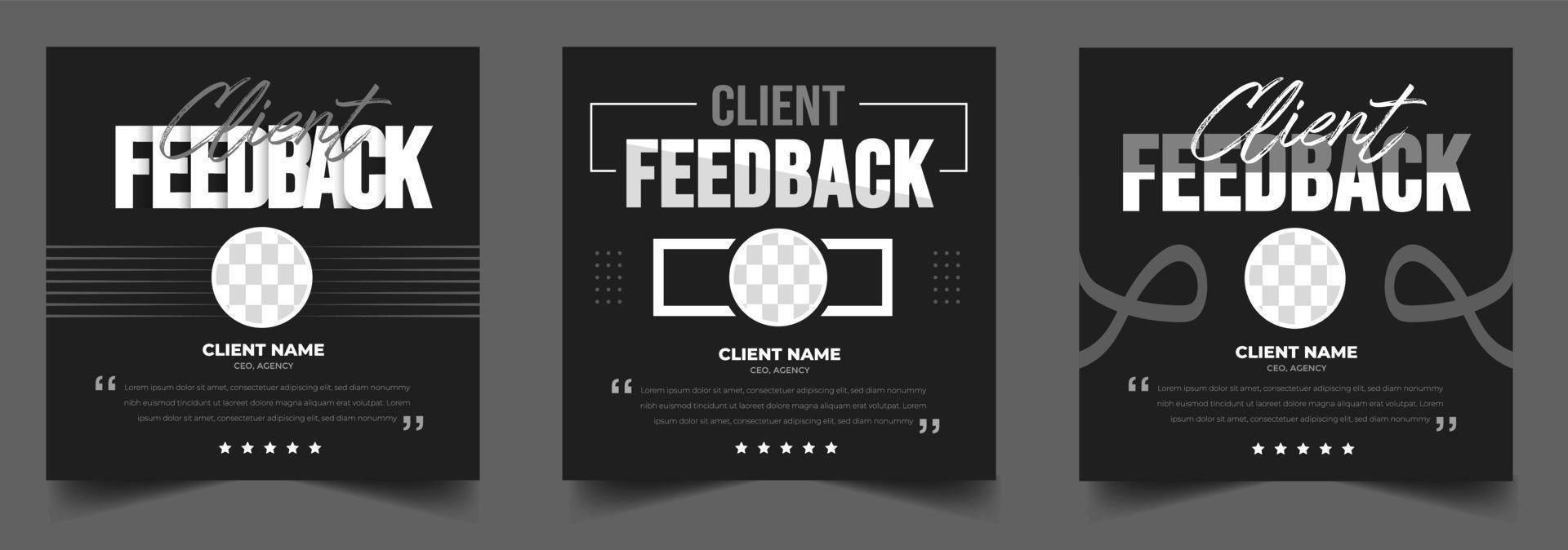 cliente feedback, cliente testimonianza, cliente revisione, cliente testimonianze sociale media inviare bandiera design modello con nero e buio colore. Nero, buio e bianca colore cliente revisione striscione. vettore