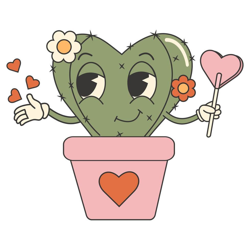 retrò Groovy san valentino giorno etichetta. carino cactus carattere. 70s 60s cartone animato estetica vettore