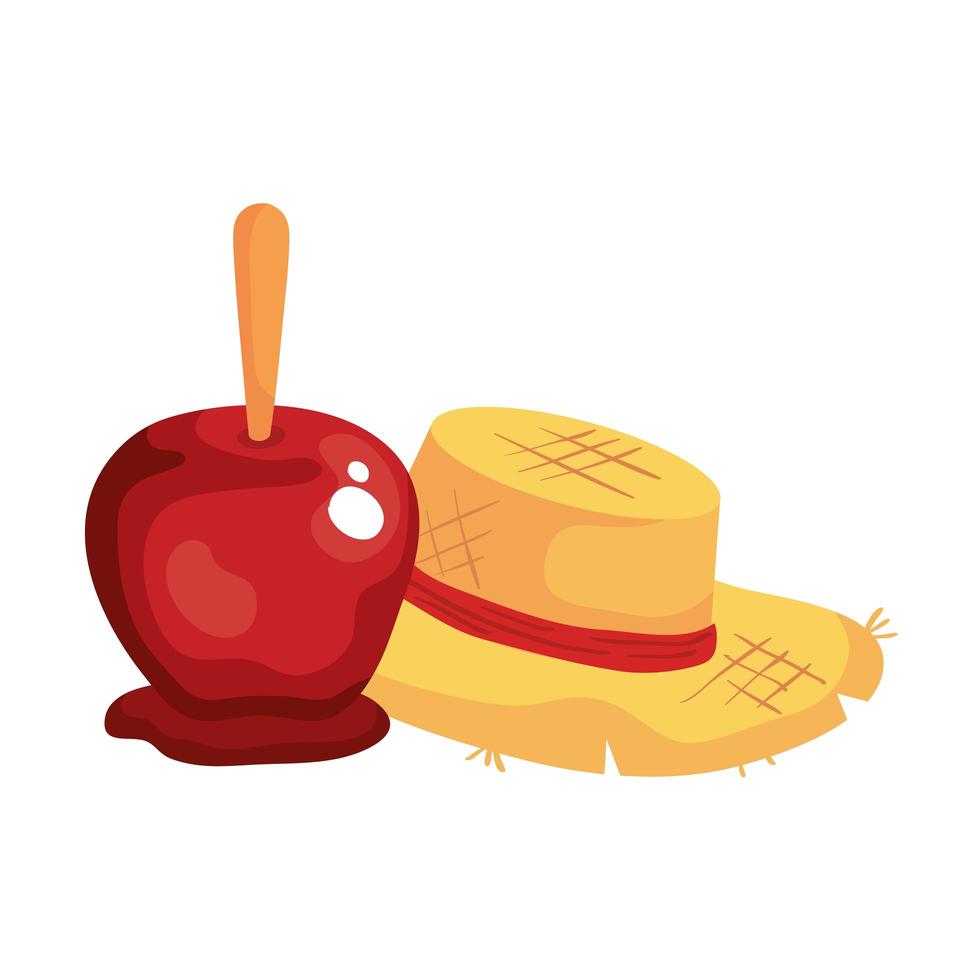 mela caramellata con cappello di vimini su sfondo bianco vettore