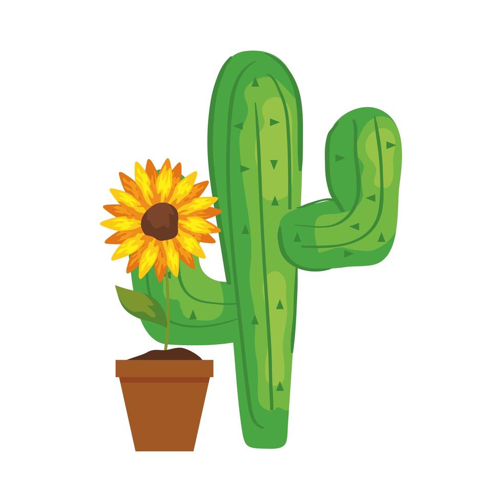 pianta di cactus con girasole su sfondo bianco vettore