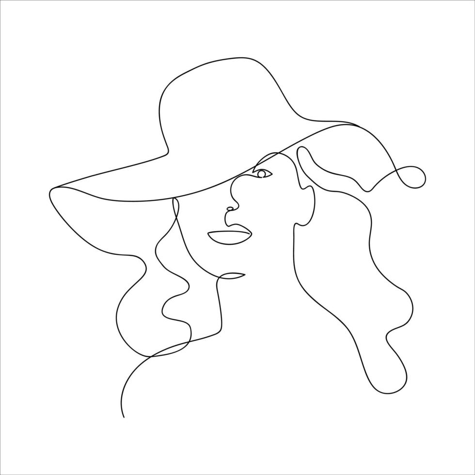 donna nel cappello vettore uno linea arte. linea nero e bianca illustrazione. minimalista uno linea Stampa. bellezza logo. ritratto di giovane signora indossare cappello. linea arte