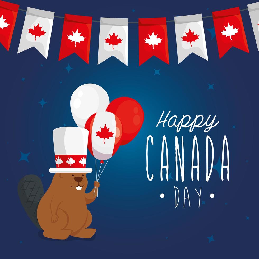 castoro canadese con palloncini di felice giorno del canada disegno vettoriale