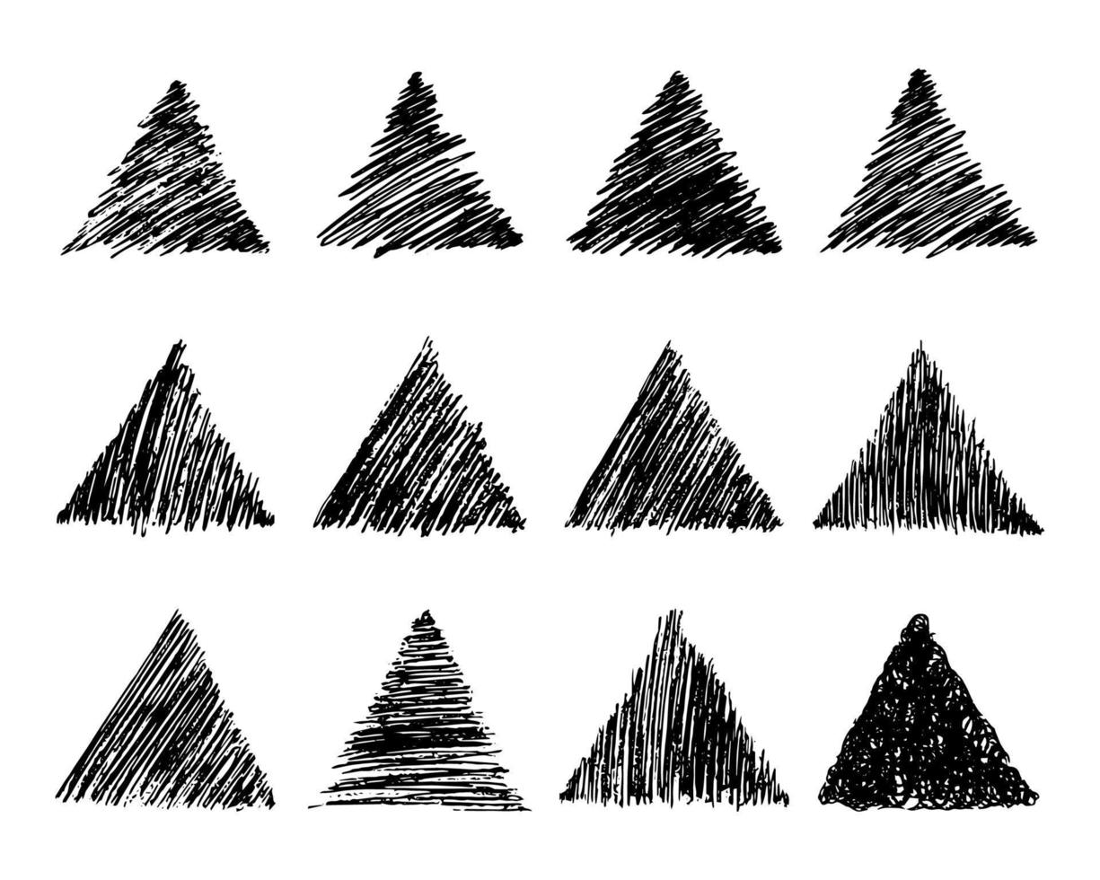 impostato di dodici schizzo scarabocchiare sbavatura triangoli. mano disegnato matita scarabocchiare. vettore illustrazione.