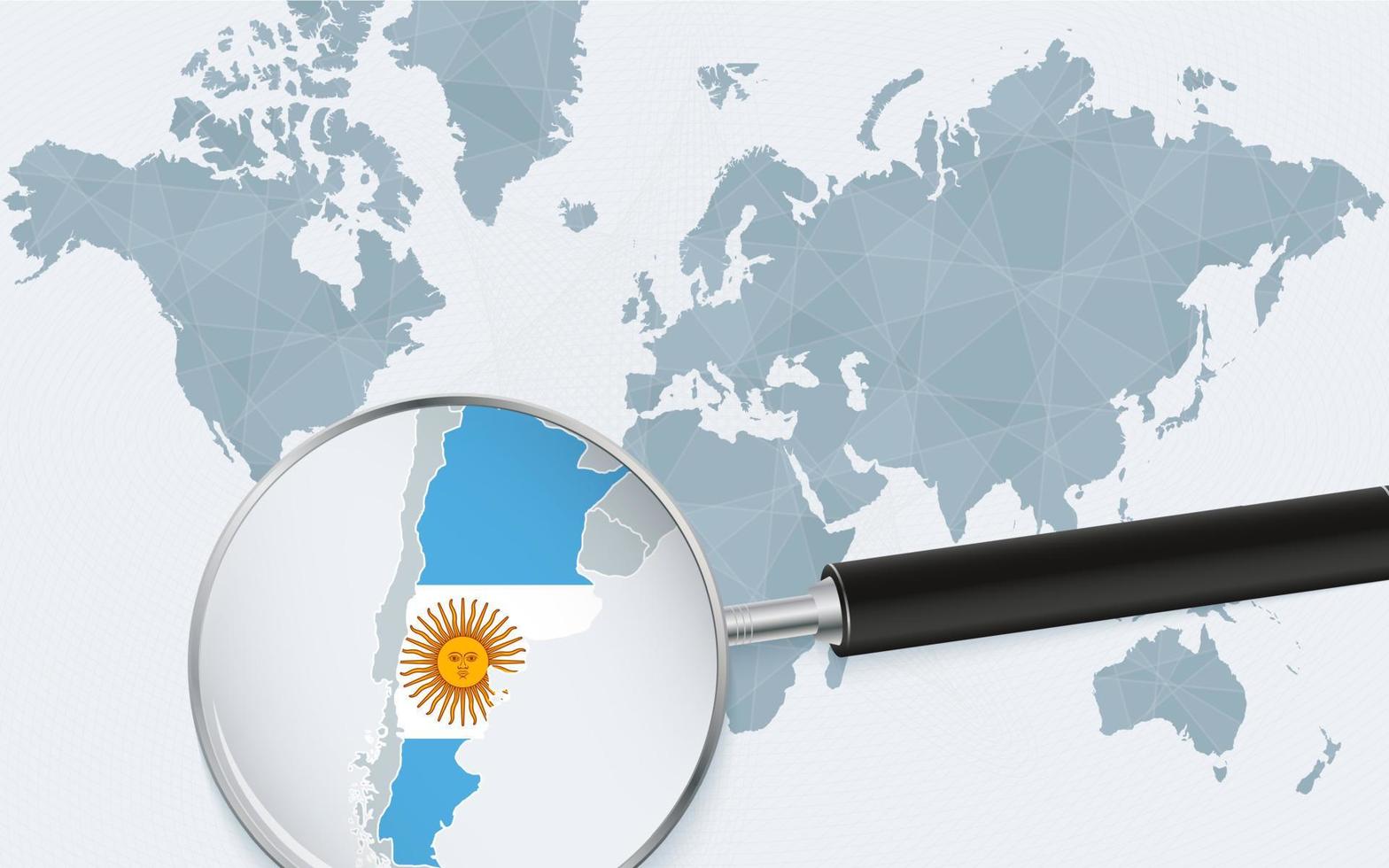 mondo carta geografica con un' ingrandimento bicchiere puntamento a argentina. carta geografica di argentina con il bandiera nel il ciclo continuo. vettore