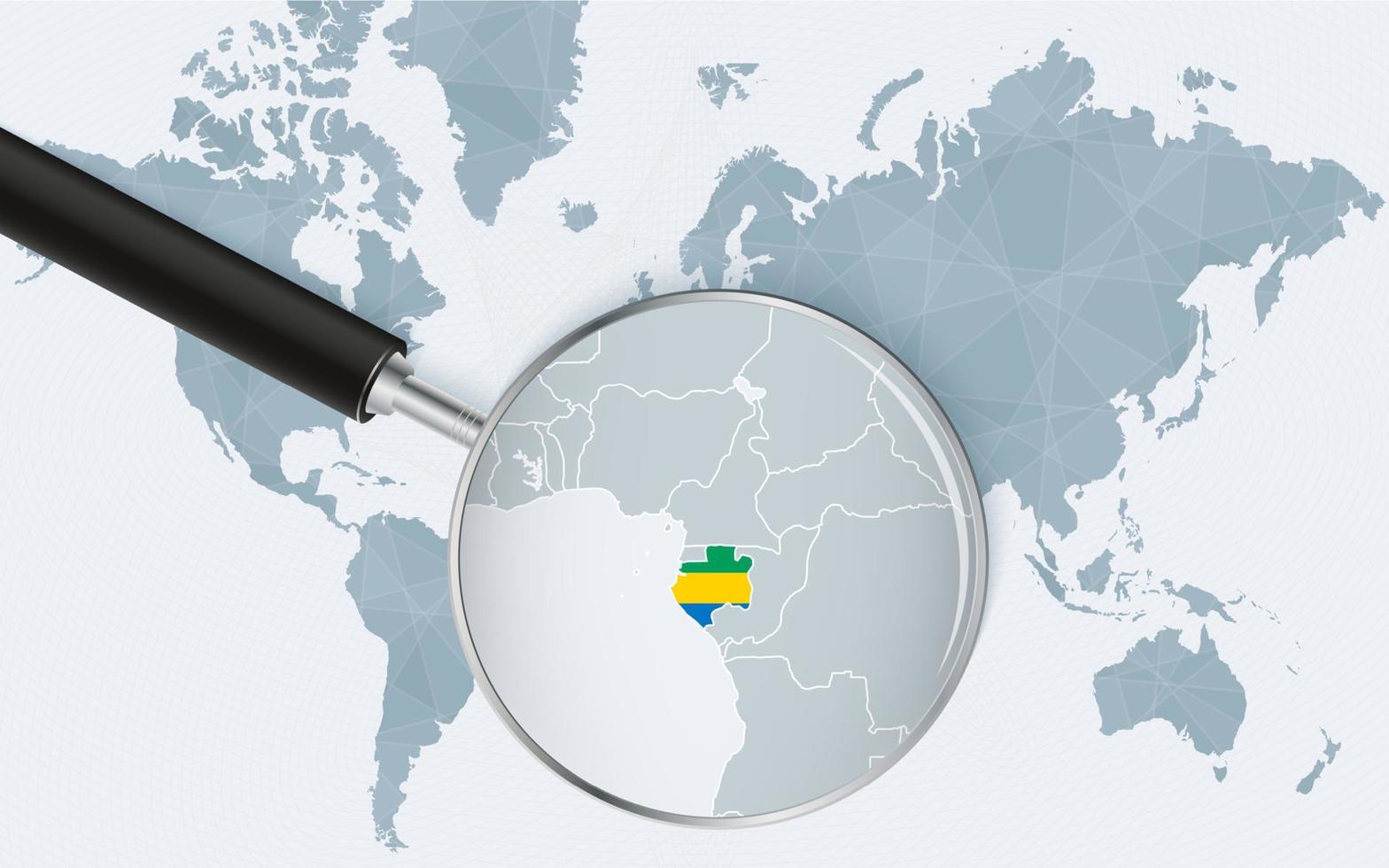 mondo carta geografica con un' ingrandimento bicchiere puntamento a Gabon. carta geografica di Gabon con il bandiera nel il ciclo continuo. vettore