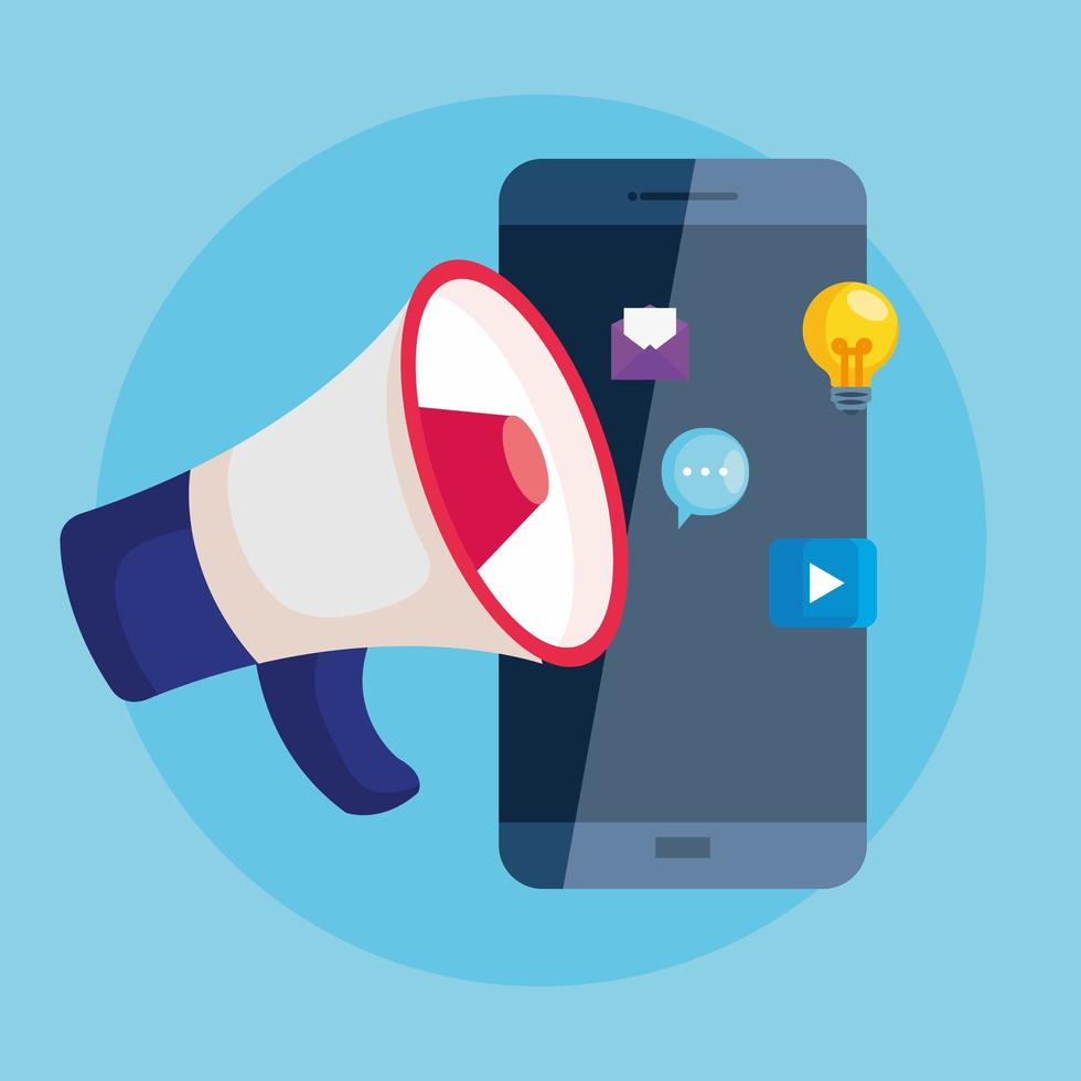 smartphone e megafono con set di icone di disegno vettoriale di marketing digitale