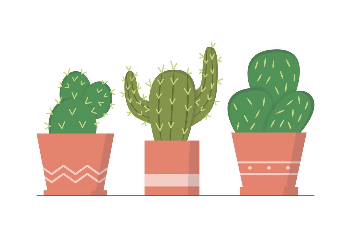 impostato di carino in vaso cactus nel piatto illustrazione collezione vettore