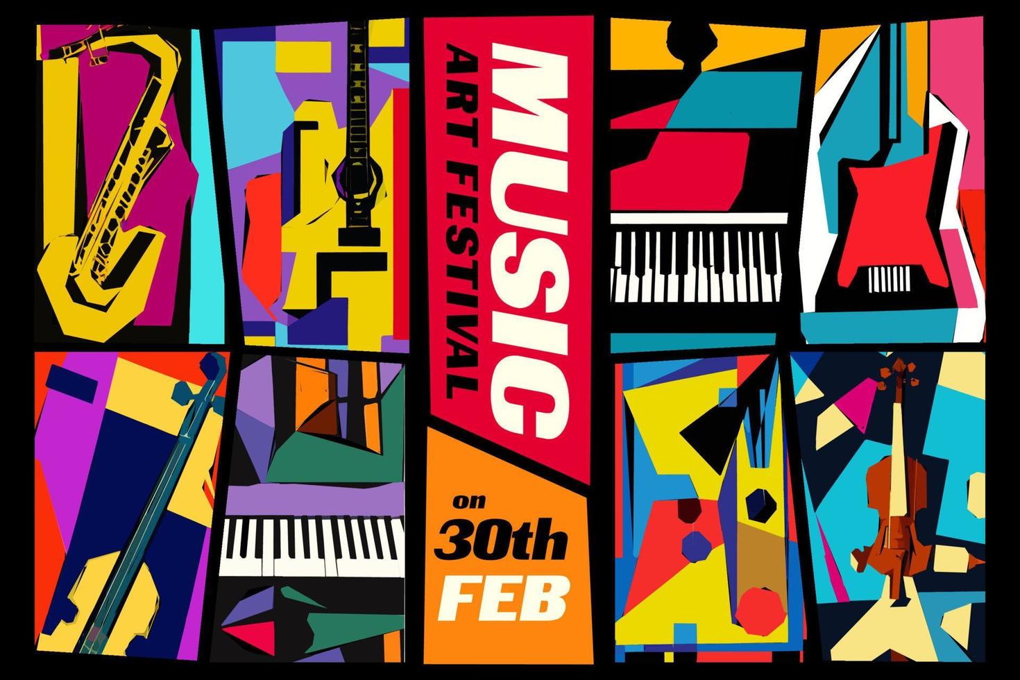 musica e arte Festival. vettore illustrazione di un' impostato di astratto jazz sfondi con musicale strumenti. chitarra, pianoforte, sassofono e violino.
