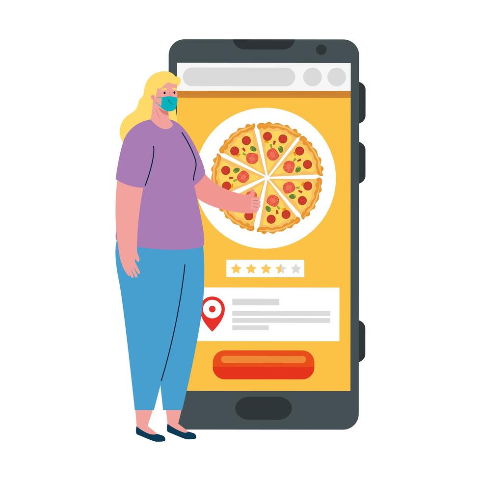 cliente donna con maschera e smartphone con disegno vettoriale pizza