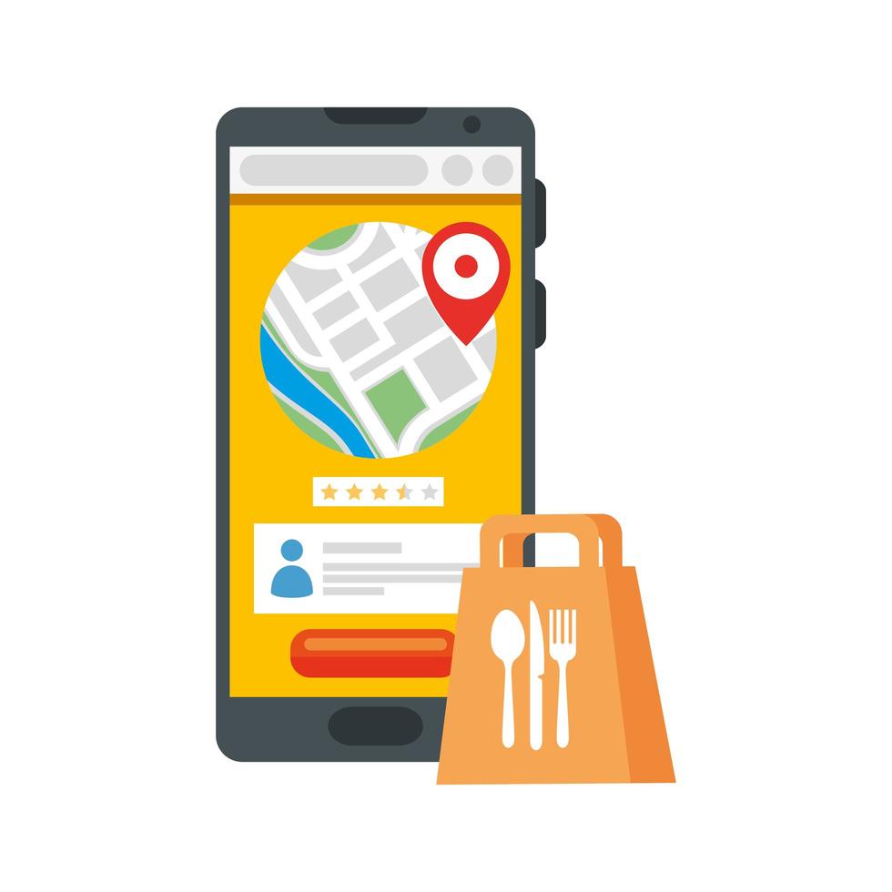 smartphone con marchio gps e sacchetto di cibo di disegno vettoriale di consegna sicura