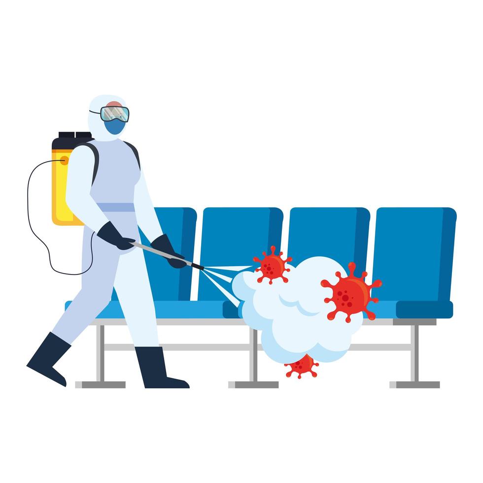 uomo con tuta protettiva che spruzza sedie da aeroporto con disegno vettoriale virus covid 19